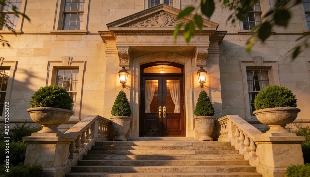 Fototapeta premium Showing formal stone steps leading to double wooden doors at mansion, with lit lanterns and topiary