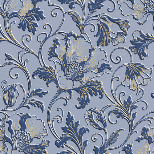 Foto Beautiful textured embossed 3d seamless floral pattern in grey-blue with gold highlights