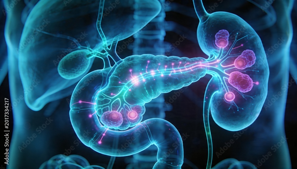 Fototapeta premium Displaying pancreas showing glowing duct in translucent studio visualization, with kidneys nodules