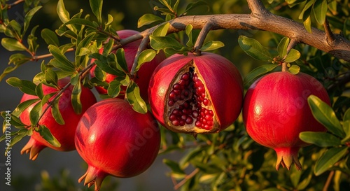 Red ripe pomegranates hanging on a thorny tree branch, with one fruit split open revealing shiny red juicy seeds inside during golden hour