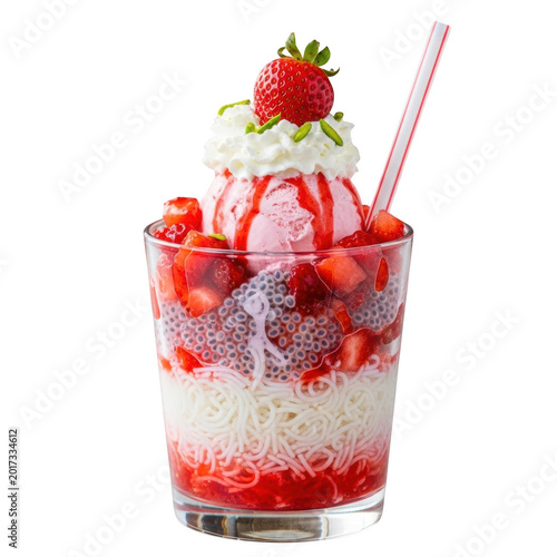 Strawberry milkshake in a tall glass with straw isolated on transparent background