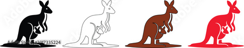 Fotografie Kangaroo with joey vector icons set, Australian wildlife marsupial silhouettes i