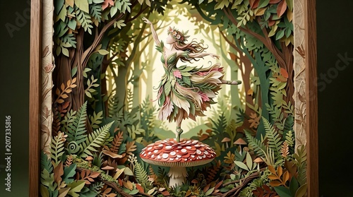 Enchanting Paper Art Diorama of a Whimsical Forest with a Glowing Mushroom and Leafy Figure.
