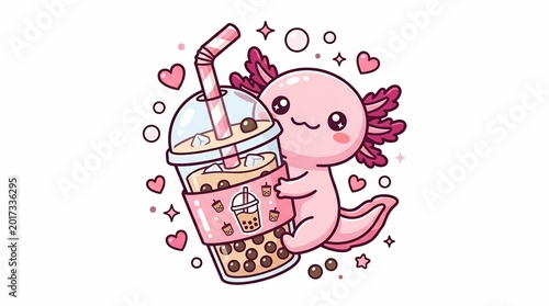 Cute Axolotl Hugging Bubble Tea Drink Adorable Cartoon Illustration.