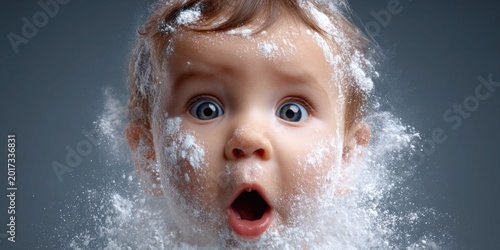 Surprised baby with brown hair covered in white powder, wide eyes and open mouth