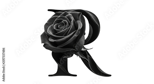 Black and white rose with letter r illustration isolated on transparent background