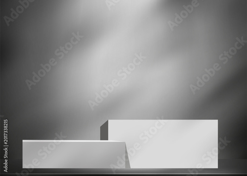 Shadow light on grey wall and floor podium background with modern luxury texture. Elegant studio display for cosmetic product presentation, premium branding and abstract mockup showcase.
