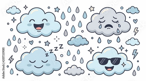 Set of Cute Cloud Characters with Various Emotions and Weather Elements.