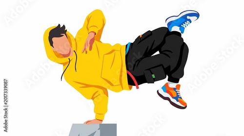 Dynamic Breakdancer in Yellow Hoodie Performing Urban Street Dance Moves.