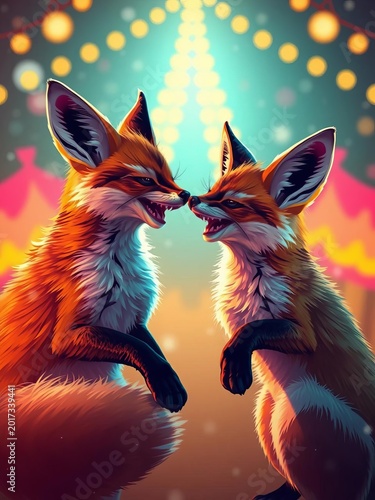 Playful vulpine duo in a spotlight circus dream, a symphony of color and night sky enchantment, rendered in charming vector style,  whimsical,  foxes