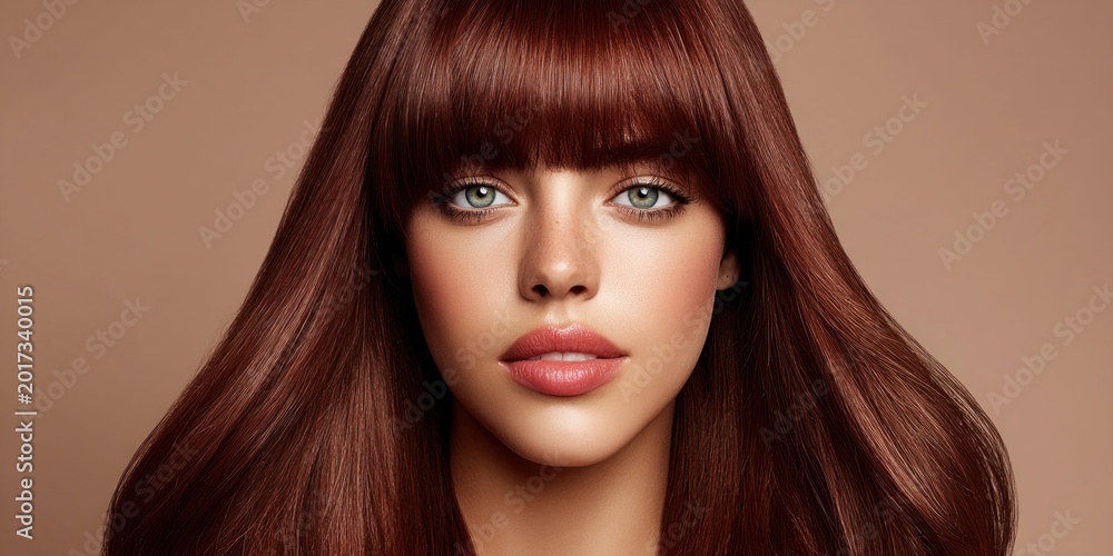 Fototapeta premium Studio portrait of a young woman with long, dark red, straight hair and bangs