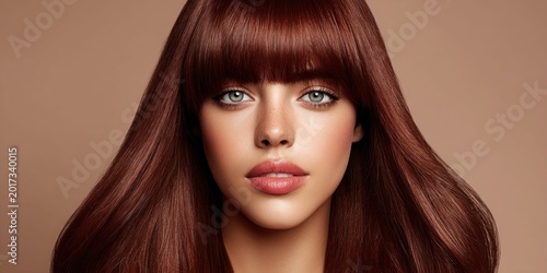 Studio portrait of a young woman with long, dark red, straight hair and bangs