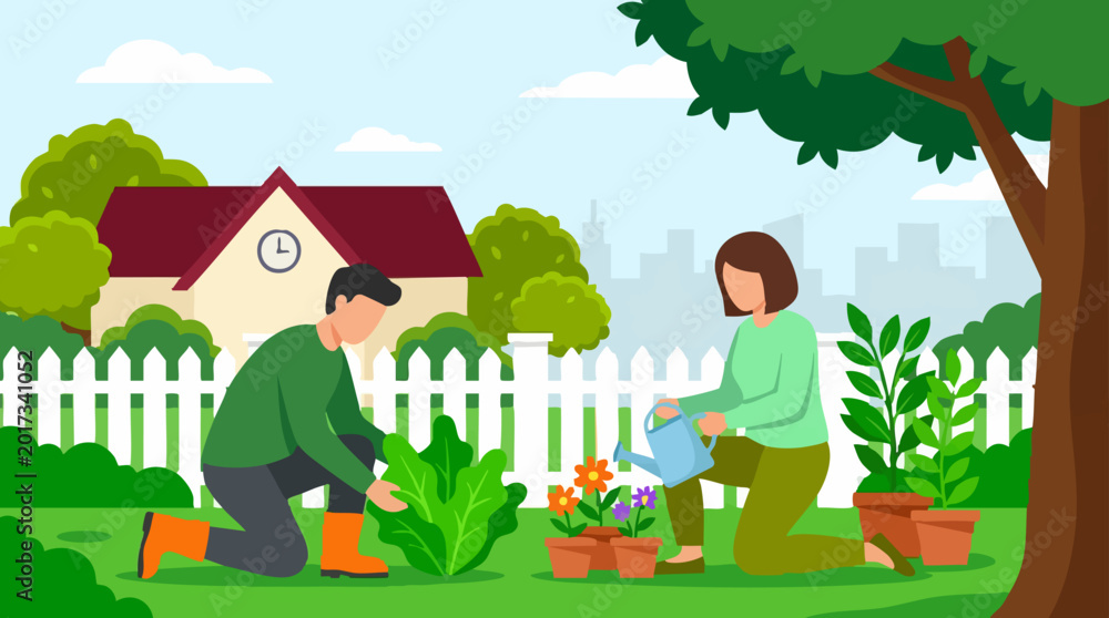 Fototapeta premium Couple gardening in backyard, planting and watering flowers and plants