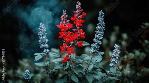 Vibrant Red and Blue Flowers with Smoky Background in Nature Scene