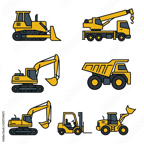 Construction Vehicle Icon Set: Excavator, Bulldozer, Dump Truck, Crane, and Forklift Flat Vector Illustrations
