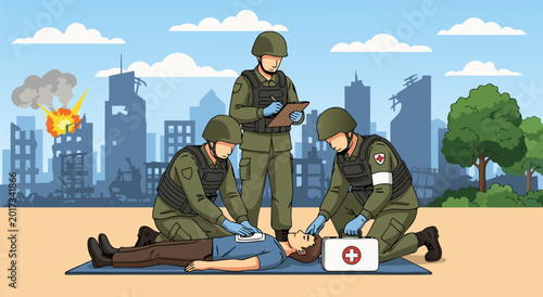 Photography Soldiers providing medical aid to an injured comrade during a city emergency res