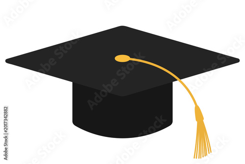 Graduation cap with tassel. Vector illustration. Black square academic cap with a gold tassel on an isolated white background. Graduation headwear. Flat style.