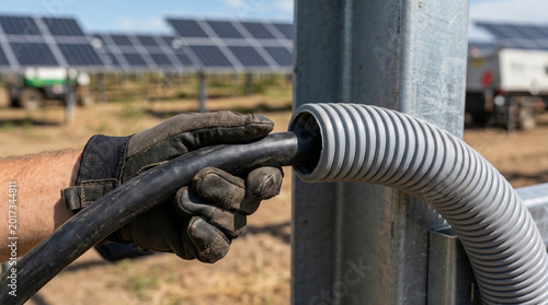 Gloved Hand Feeding Black Cable into Corrugated Conduit on Solar Farm