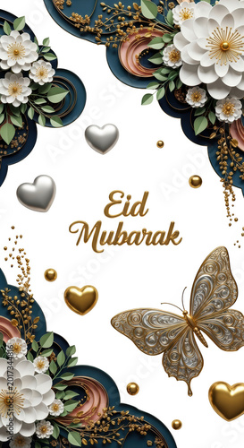 Eid mubarak greeting card with floral and butterfly design isolated on transparent background