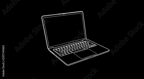 Minimal line drawing of an open laptop on a dark background, symbolic of technology.