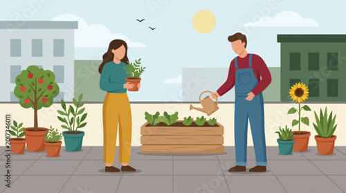Konstfotografi Couple gardening on a rooftop, nurturing plants and an apple tree in an urban se