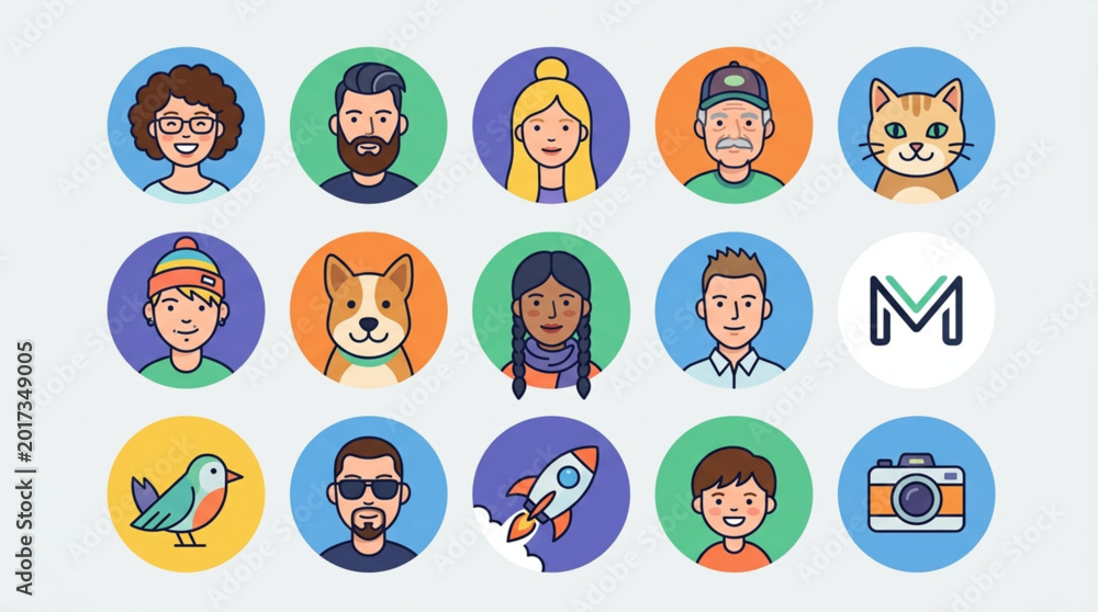 Fototapeta premium Collection of Diverse Avatars and Icons Representing People Animals and Objects.