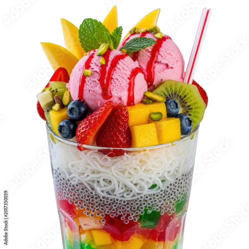 Colorful tropical fruit smoothie in a glass with straw isolated on transparent background