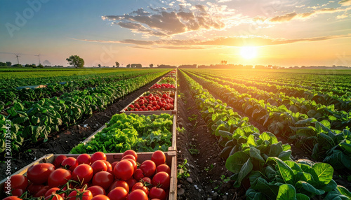 Tomato field at sunrise with crate of fresh vegetable and green crop rows
