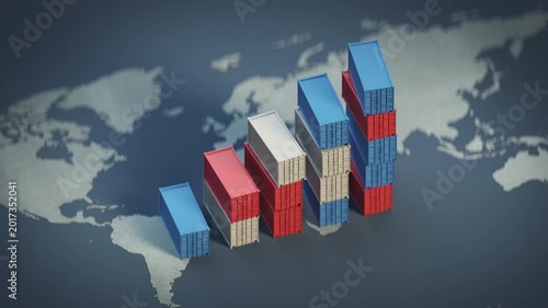 Cargo shipping containers arranged as a rising bar chart over a world map. Global trade growth, logistics analytics, import export statistics, and supply chain concept. 3D render animation