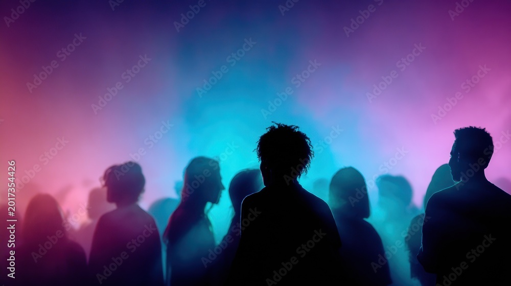 Fototapeta premium Silhouetted crowd in neon pink and blue haze at nightclub dance floor with backlit smoke