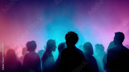 Silhouetted crowd in neon pink and blue haze at nightclub dance floor with backlit smoke
