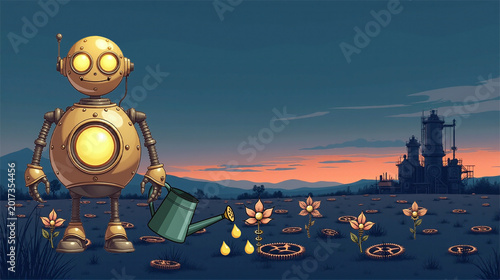 Steampunk Robot Watering a Mechanical Flower in a Field of Gears - Flat Vector Illustration