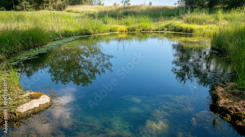 Peaceful water pond reflects trees and sky surrounded by green grass promoting sustainability natural environment with clear water and calm