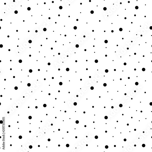 Seamless vector pattern with scattered black polka dots in different sizes on a white background. The simple minimal layout creates a clean modern look with playful contrast and balanced spacing