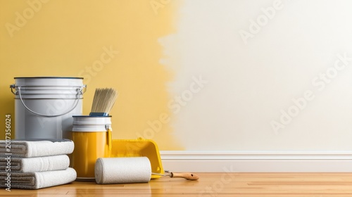 A painting setup featuring buckets of paint, brushes, and towels in a freshly painted room
