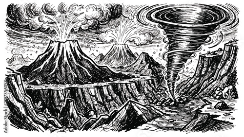 Tornado over mountain landscape with volcano.
