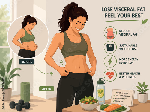 Vsai woman showing before and after losing visceral fat
