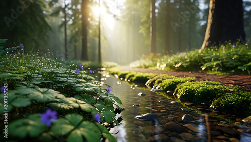 Ethereal sunbeams illuminating a serene mossy forest stream. 