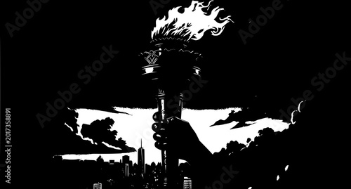 Hand holding flaming torch over city skyline silhouette with guidance