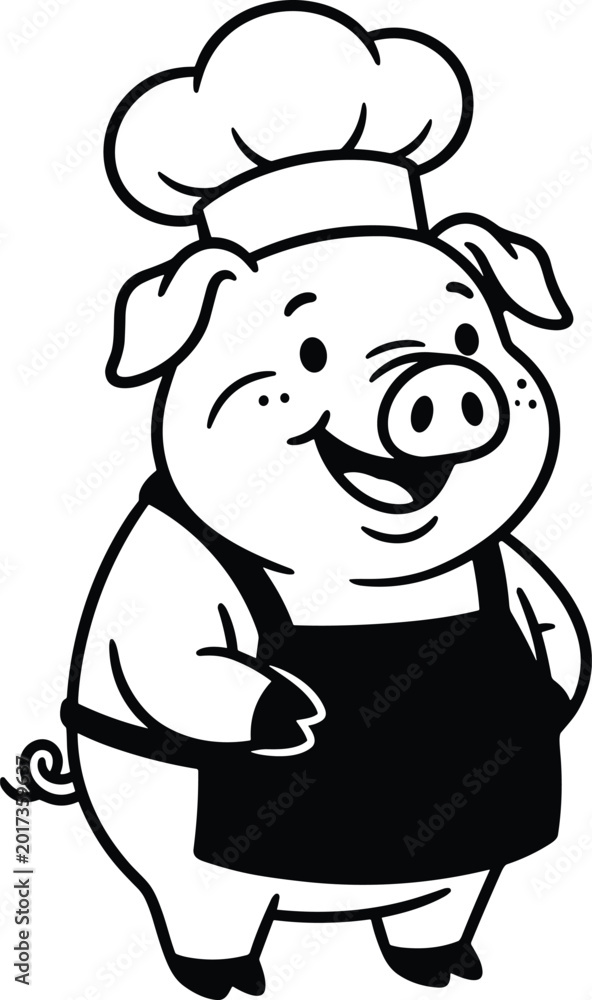 Obraz premium Cute Pig Chef Cartoon Illustration Featuring Smiling Animal Character Cooking Restaurant and Culinary Mascot Design
