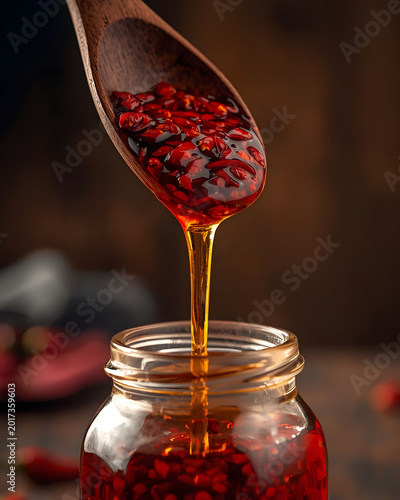 Close-up of spicy chili oil being drizzled from a wooden spoon into a small glass jar