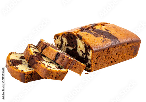 Photography Sliced marble pound cake loaf, vanilla chocolate swirl cake isolated on transpar