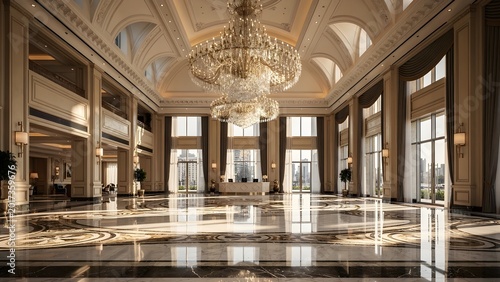 A large luxurious interior room with chandeliers and marble floors features elegant high ceilings and columns showcasing modern architecture and lifestyle indoors.