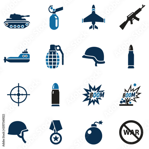 Bild auf Leinwand Blue military icons set with tank, gas mask, jet, and peace sign