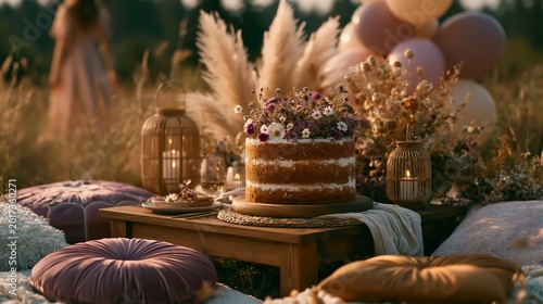 Boho Picnic with Cake, Flowers, and Lanterns in a Field