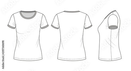 Women's Ringer T-shirt Technical Flat Sketch Front Back Side Views