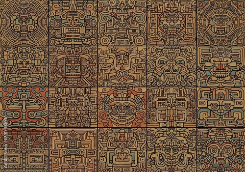 古代文明の紋様パネル、幾何学模様、異国情緒、民族風、装飾タイル、背景素材