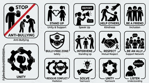 Bild auf Leinwand Anti Bullying Stop Sign and Positive Action Icons Set.