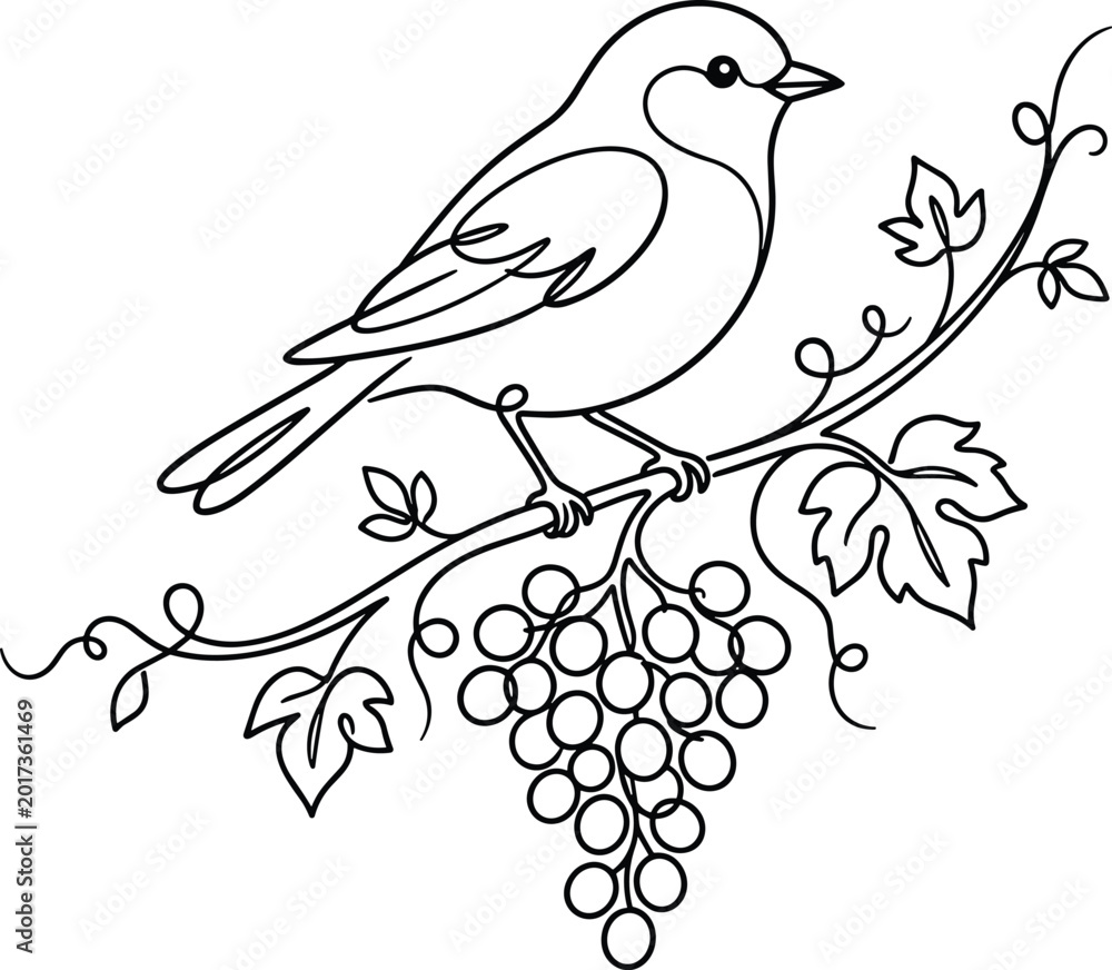 Obraz premium Delicate Bird on Grapevine Illustration Featuring Nature Branch Vineyard Wildlife and Elegant Botanical Line Art Design