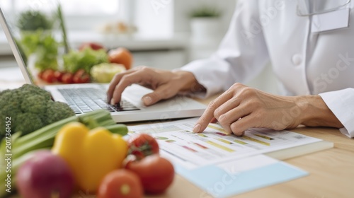Nutritionist analyzing diet plans on laptop surrounded by fresh vegetables